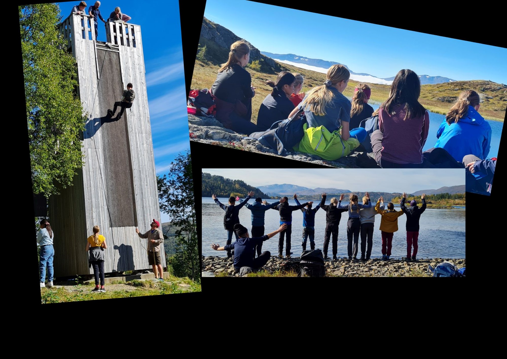 Collage av bilder fra Søvassli Fjellsenter: Ungdom i klatrevegg og ved Søvatnet
