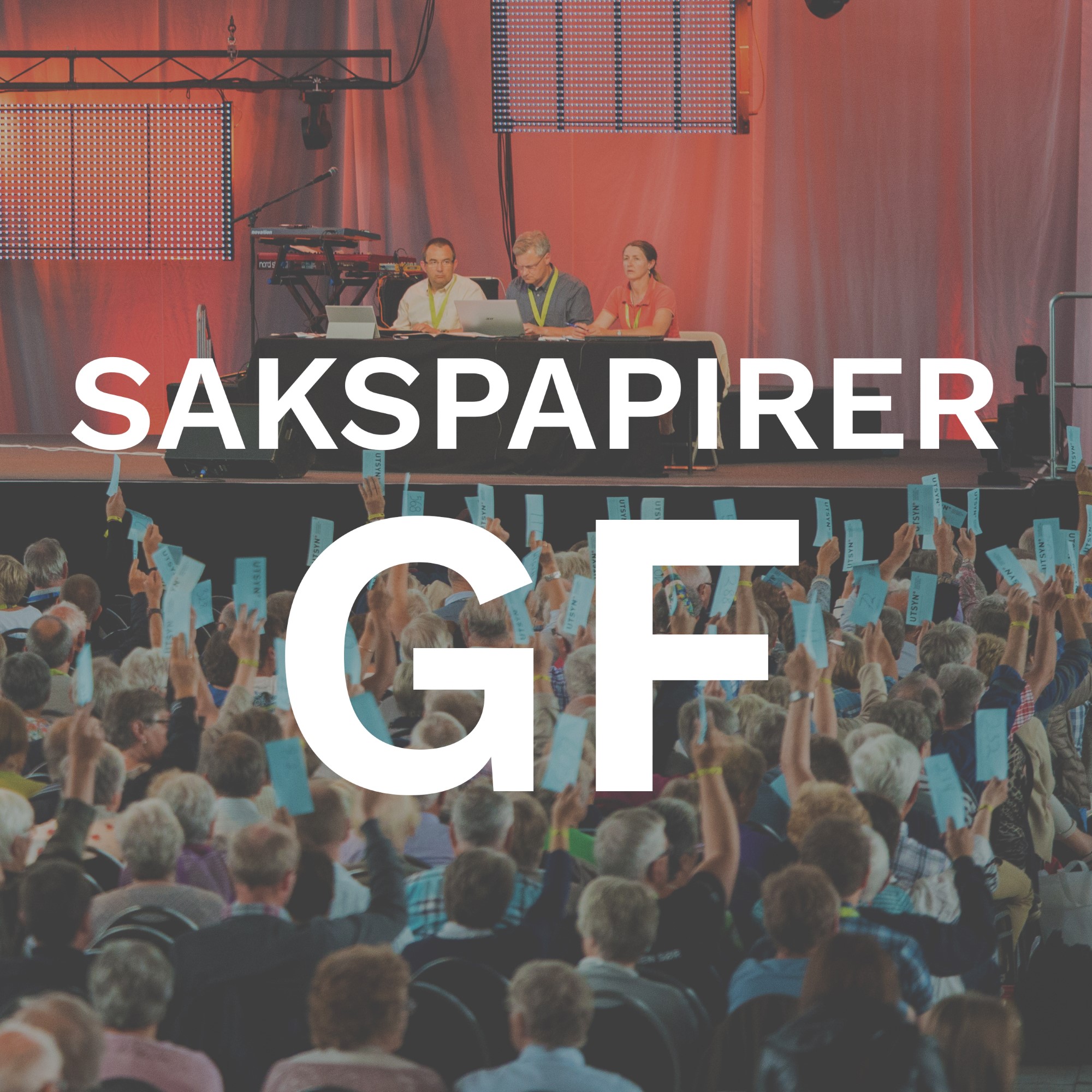 Tekstplakat sakspapirer GF. Bilde av GF-forsamling med stemmesedler