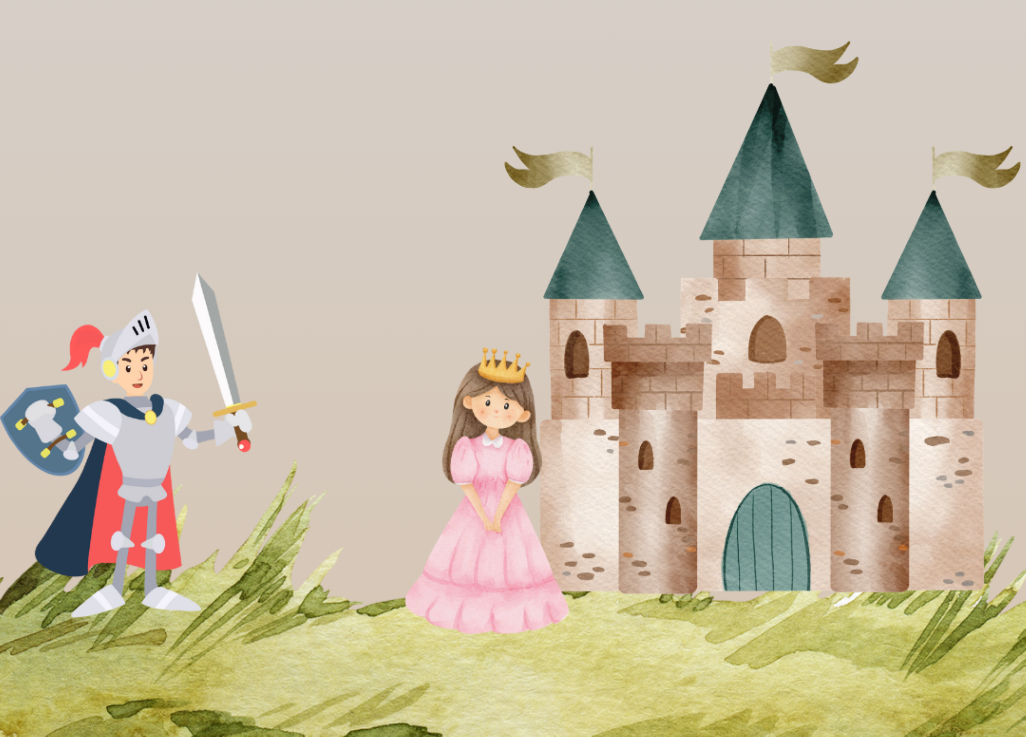 Bildet viser en illustrasjon av en prins og en ridder forran et slott.