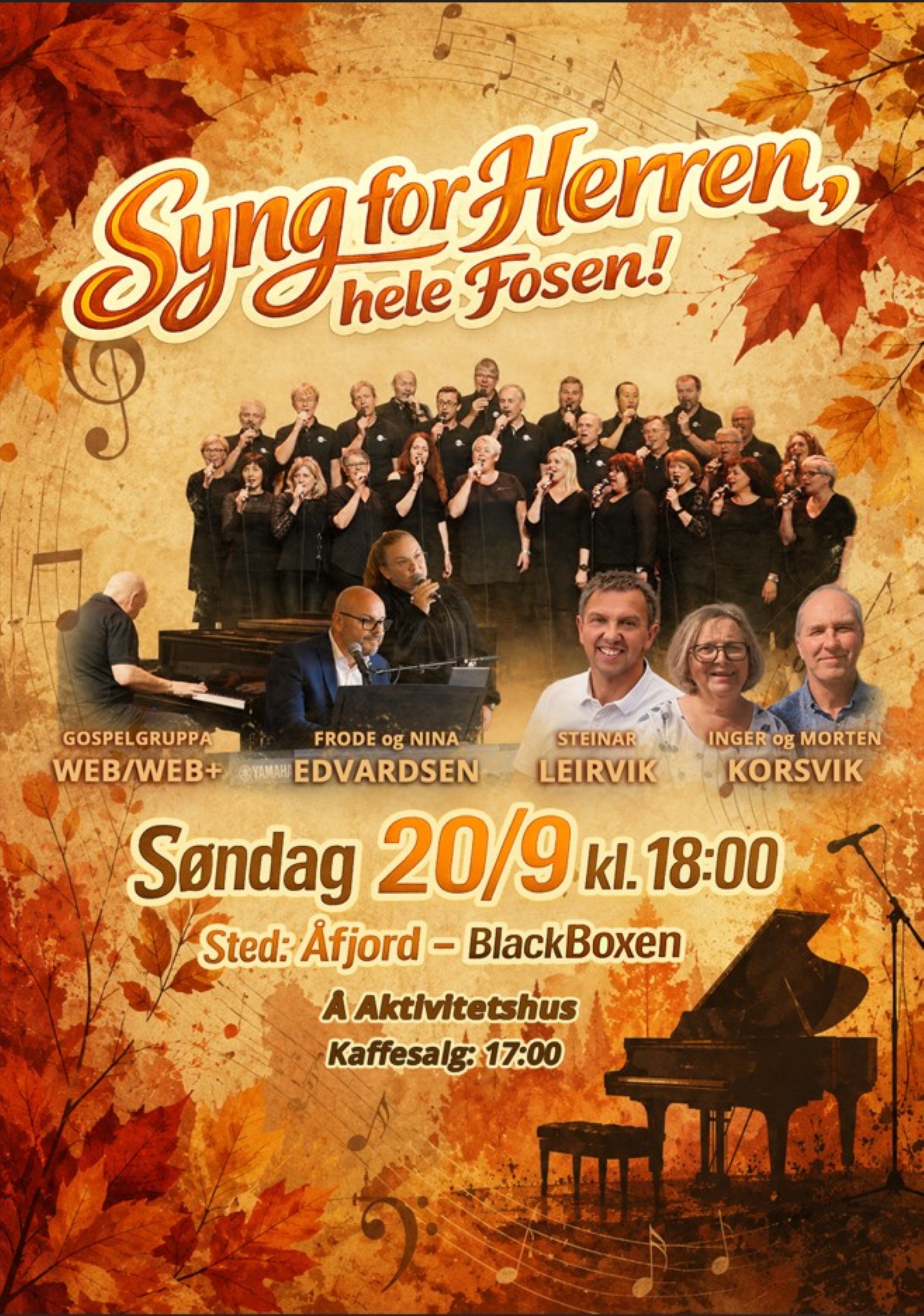 plakat i høstfarger, bilde av kor, pianist og solister