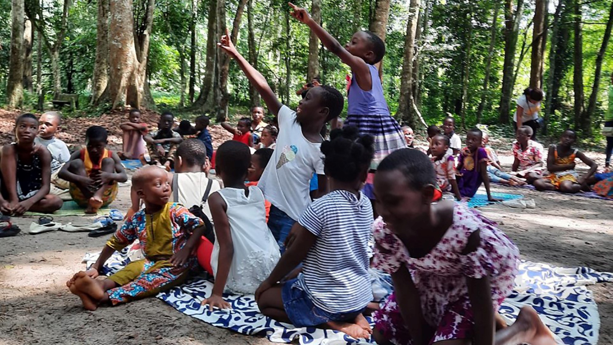 Engasjerte barn rekker opp hånden i skogen