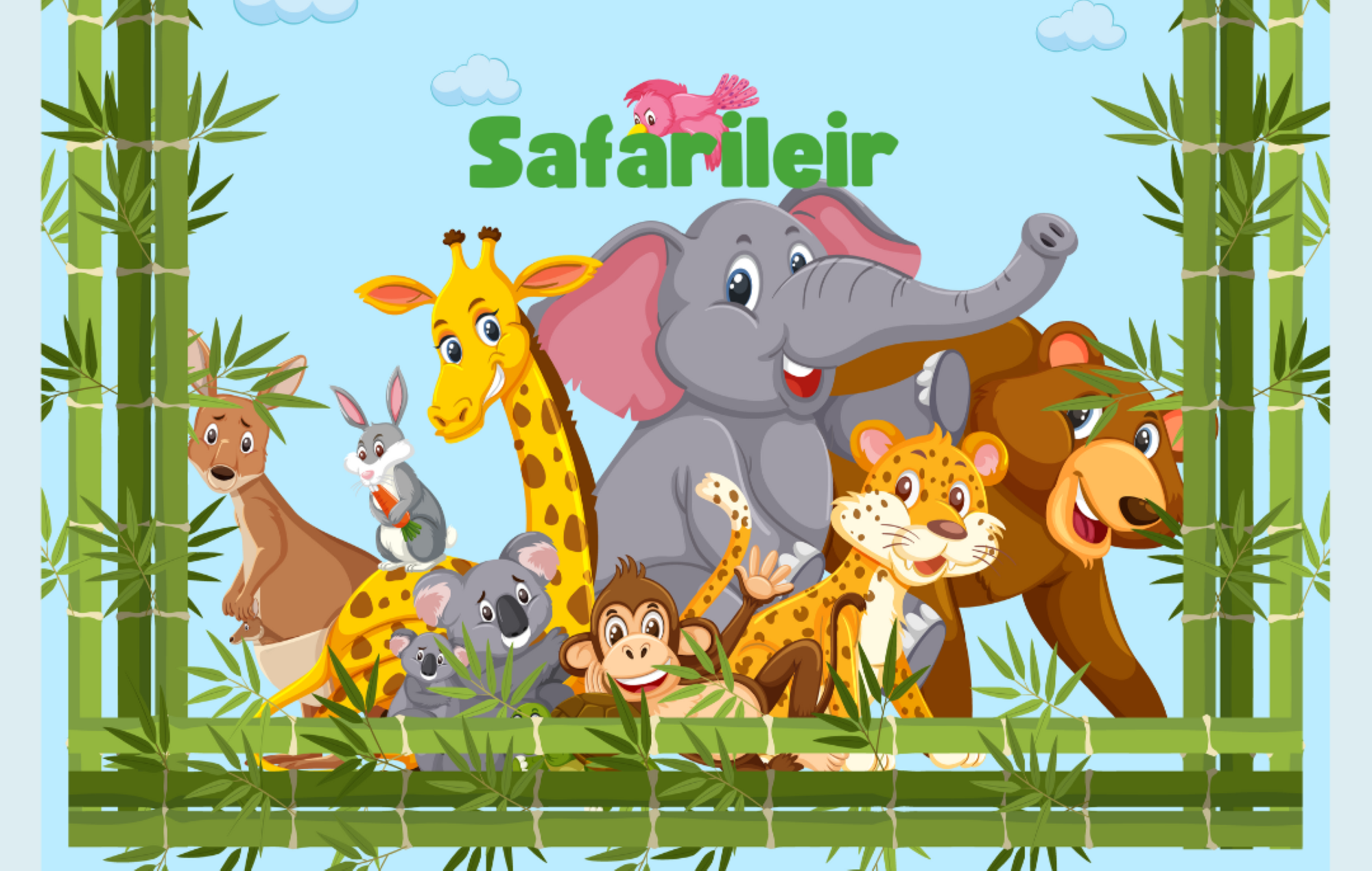 Bildet viser mange dyr og teksten "Safarileir"