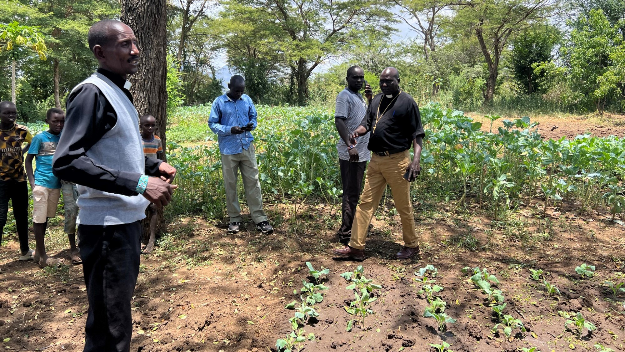 Kenyanske menn i nyplantet åker