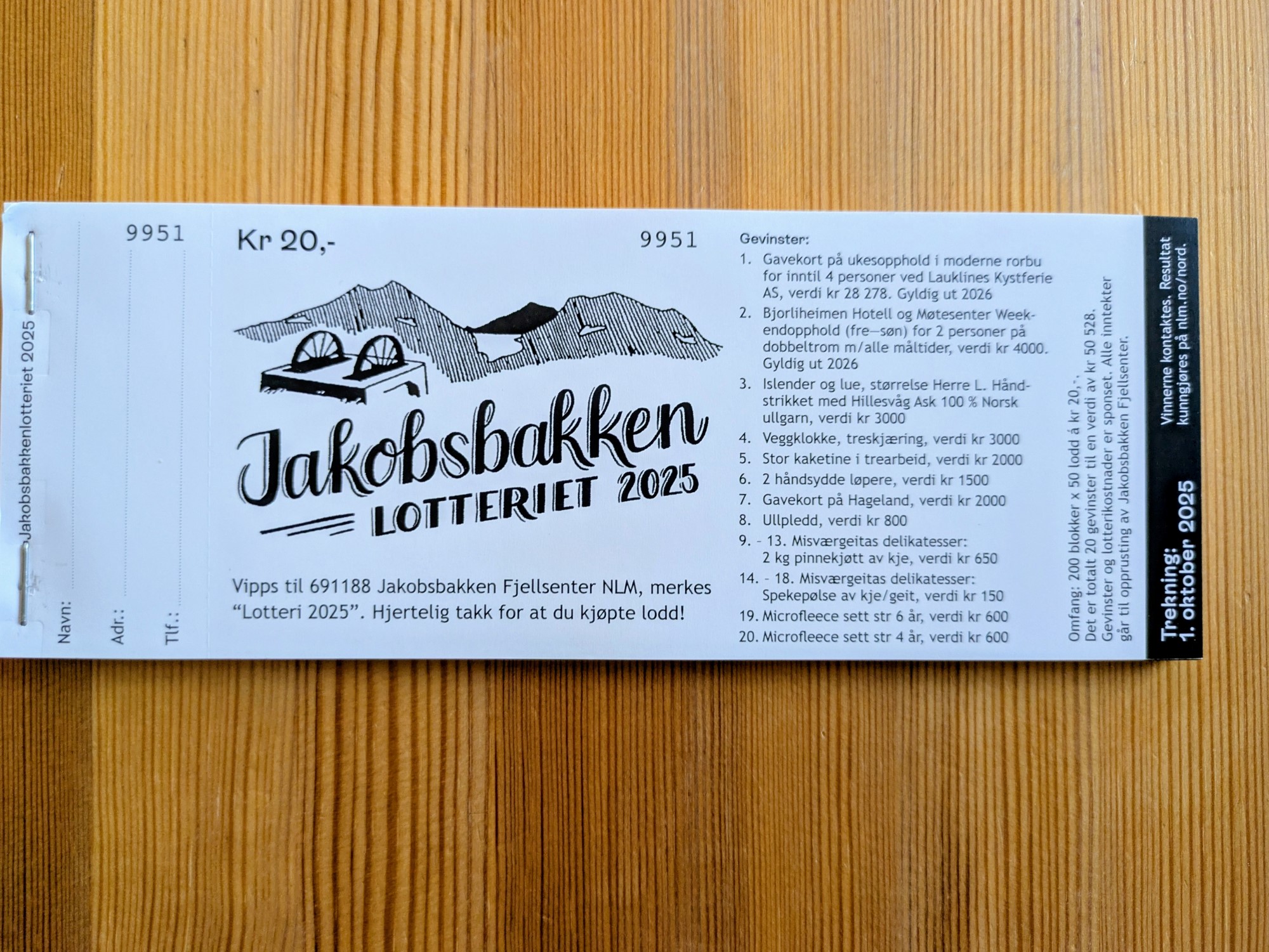 Loddslipp for lotteri til inntekt for Jakobsbakken fjellsenter