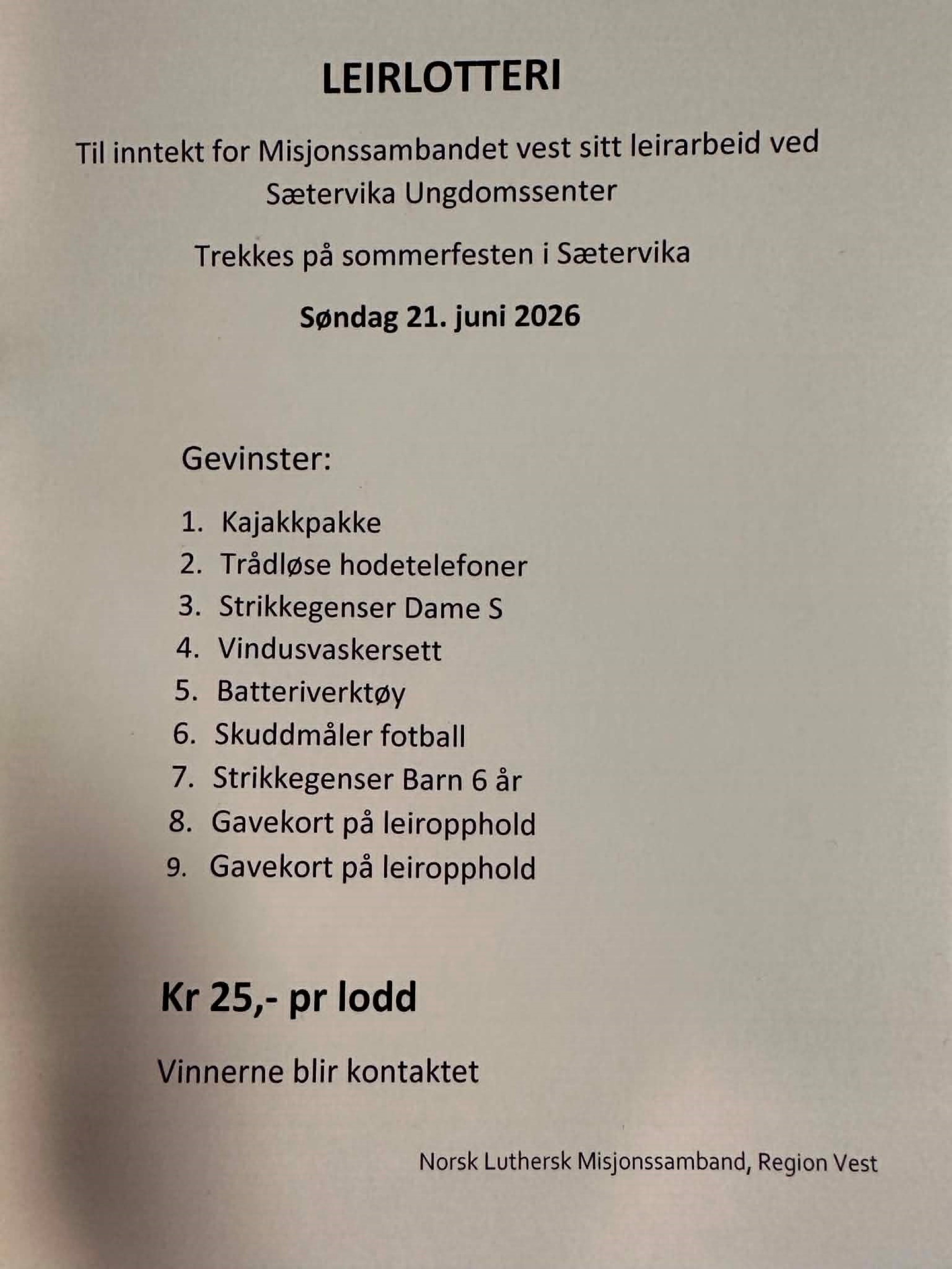 Forsiden av loddbok med gevinstliste