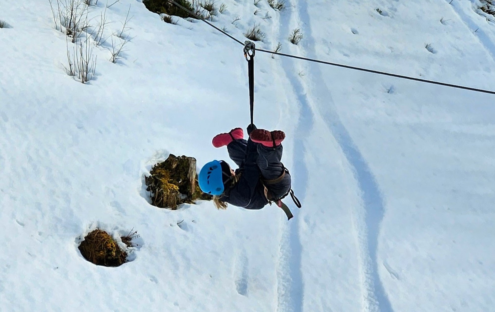 Jente henger i zipline over snødekt bakke