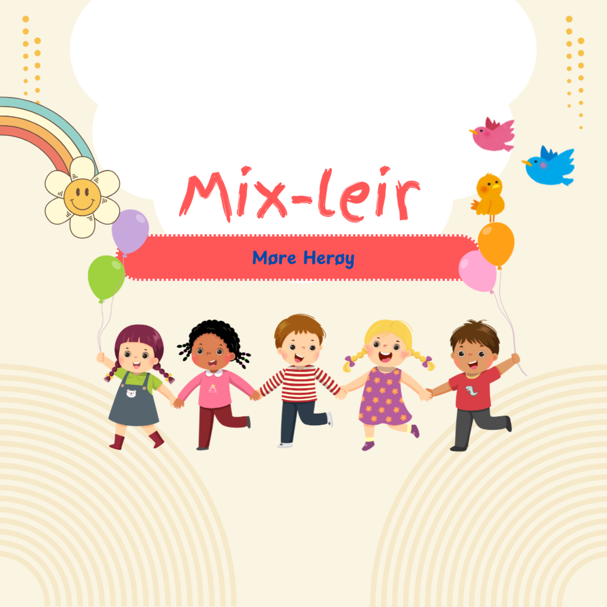 Bildet viser mange glade barn og teksten Mix-leir Møre Herøy